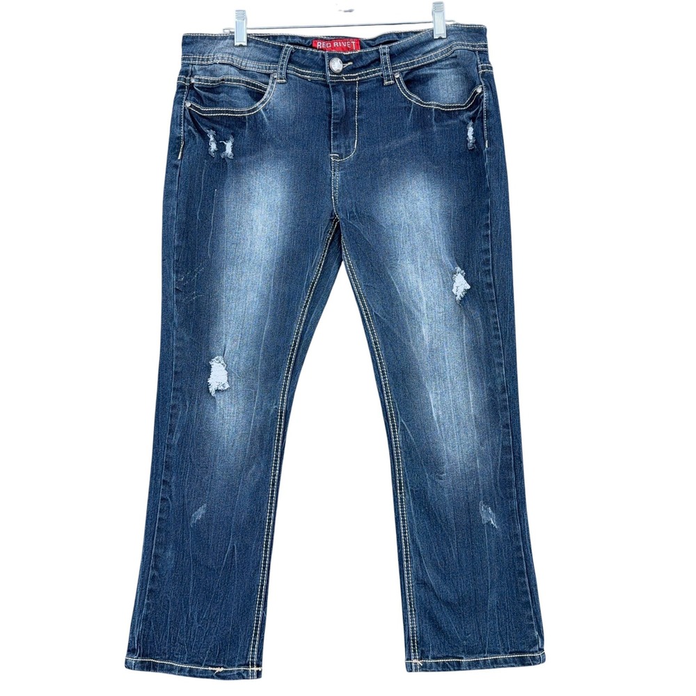 Red Rivet Distressed Cropped Jeans Womens 17 Cotton Blend Dark Denim RJ23B634V